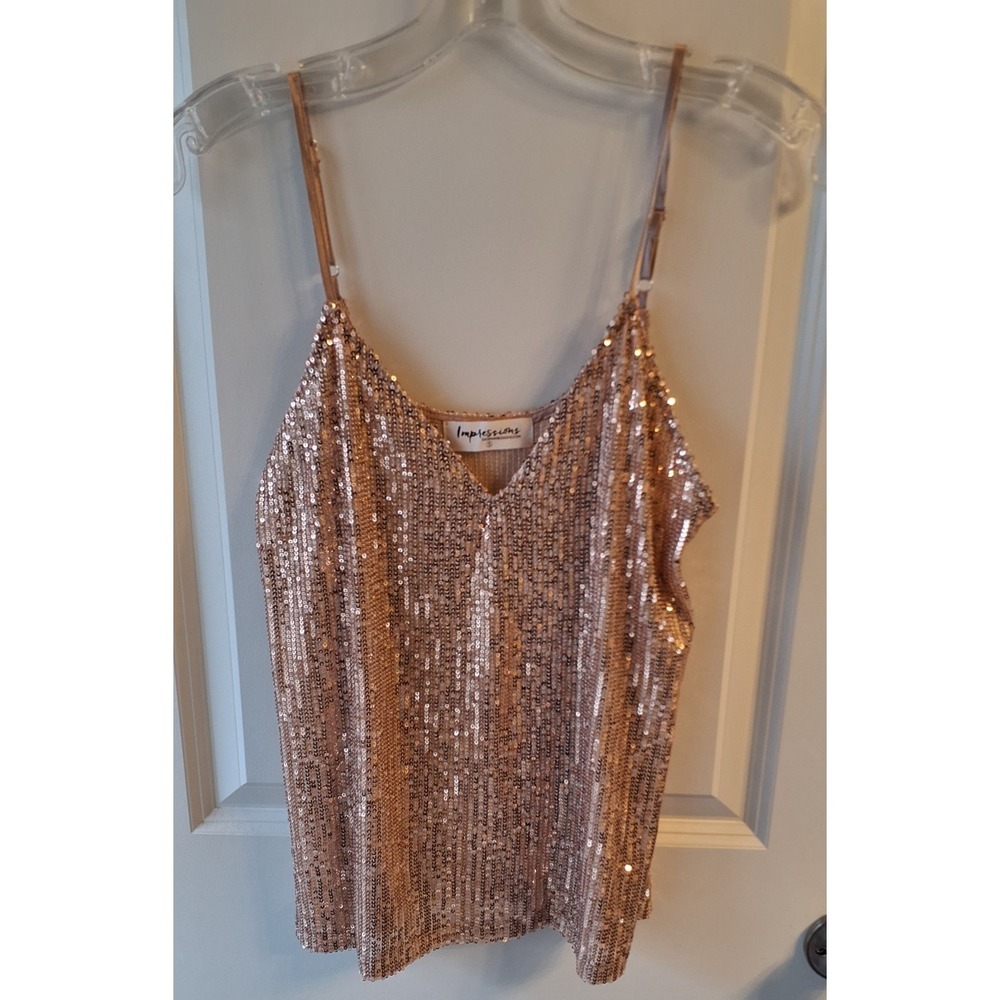Rose Gold Sequin Tank Top Womens Small Sparkly Party Club Cami Holiday Glam